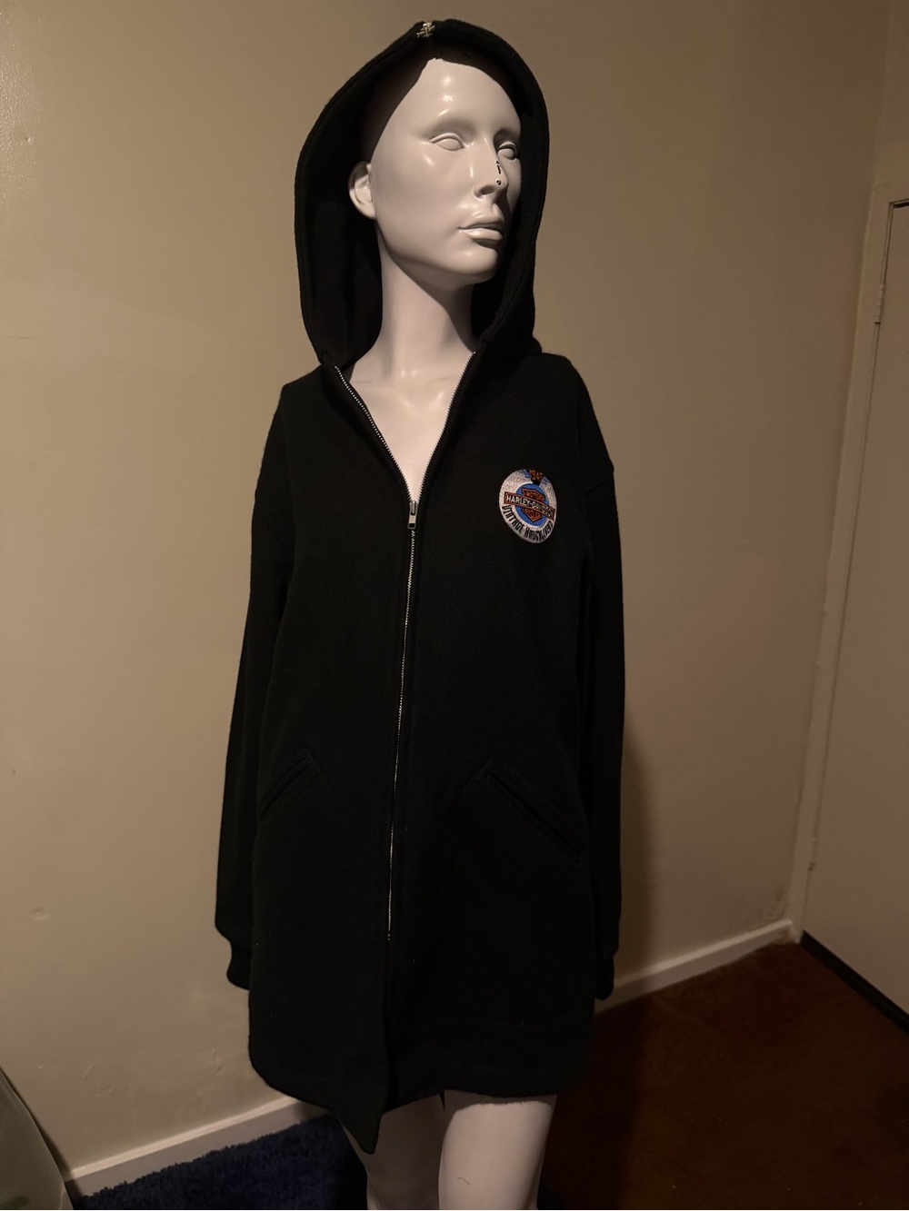 Black Hooded Zip-Up Jacket with Patch Detail